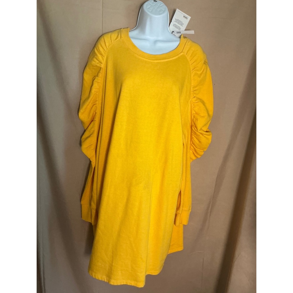 ASOS Sweatshirt Dress Womens 14 Yellow New Ruched Puff Sleeve Mini Crew Neck